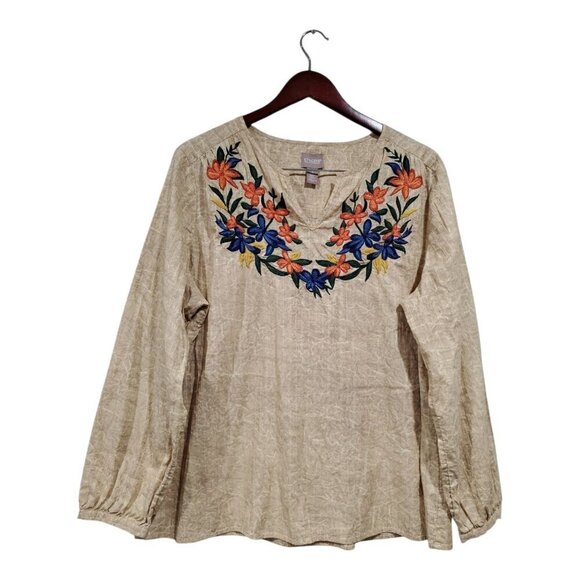 Chico's Tops - Chico's Tan/Cream Crackle Print Embroidered Floral V-Neck Popover Top Sz 3 XL